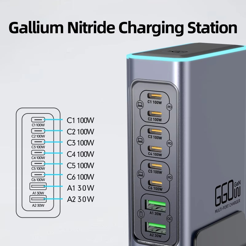 Enigma-Tek 8-Port 140W Vertical GaN USB Charging Station PD 100W PD3.0 Colorful Lamp Multi-Function