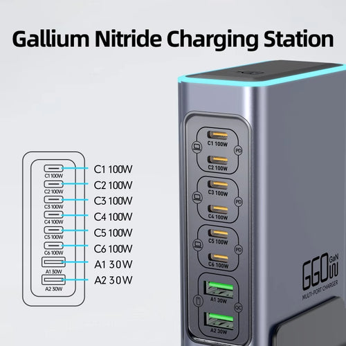 Enigma-Tek 8-Port 140W Vertical GaN USB Charging Station PD 100W PD3.0 Colorful Lamp Multi-Function
