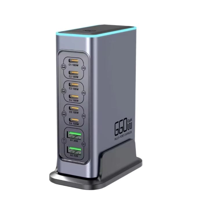 Enigma-Tek 8-Port 140W Vertical GaN USB Charging Station PD 100W PD3.0 Colorful Lamp Multi-Function